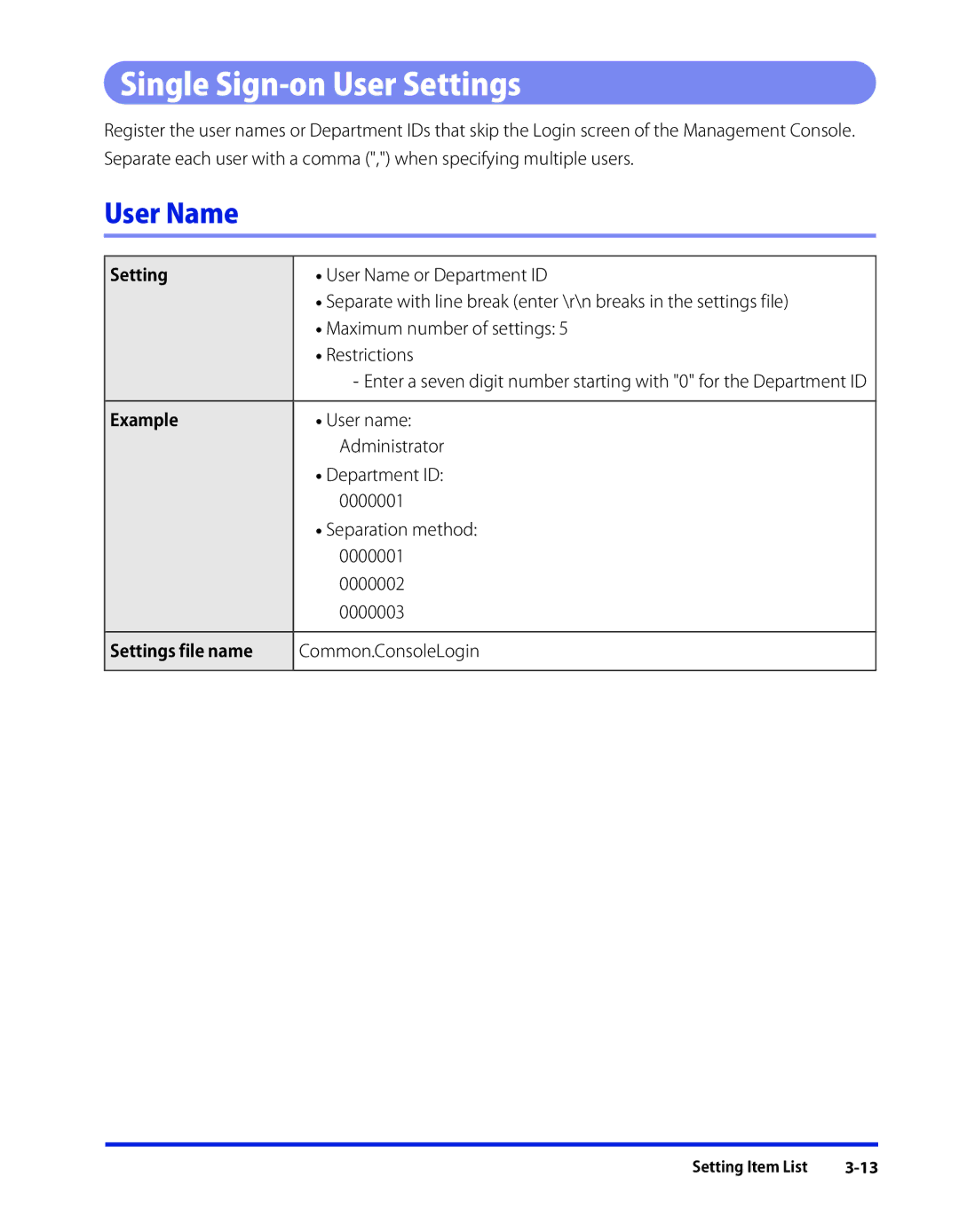 Canon SE-IE-1359-V2 manual Single Sign-on User Settings, User Name 