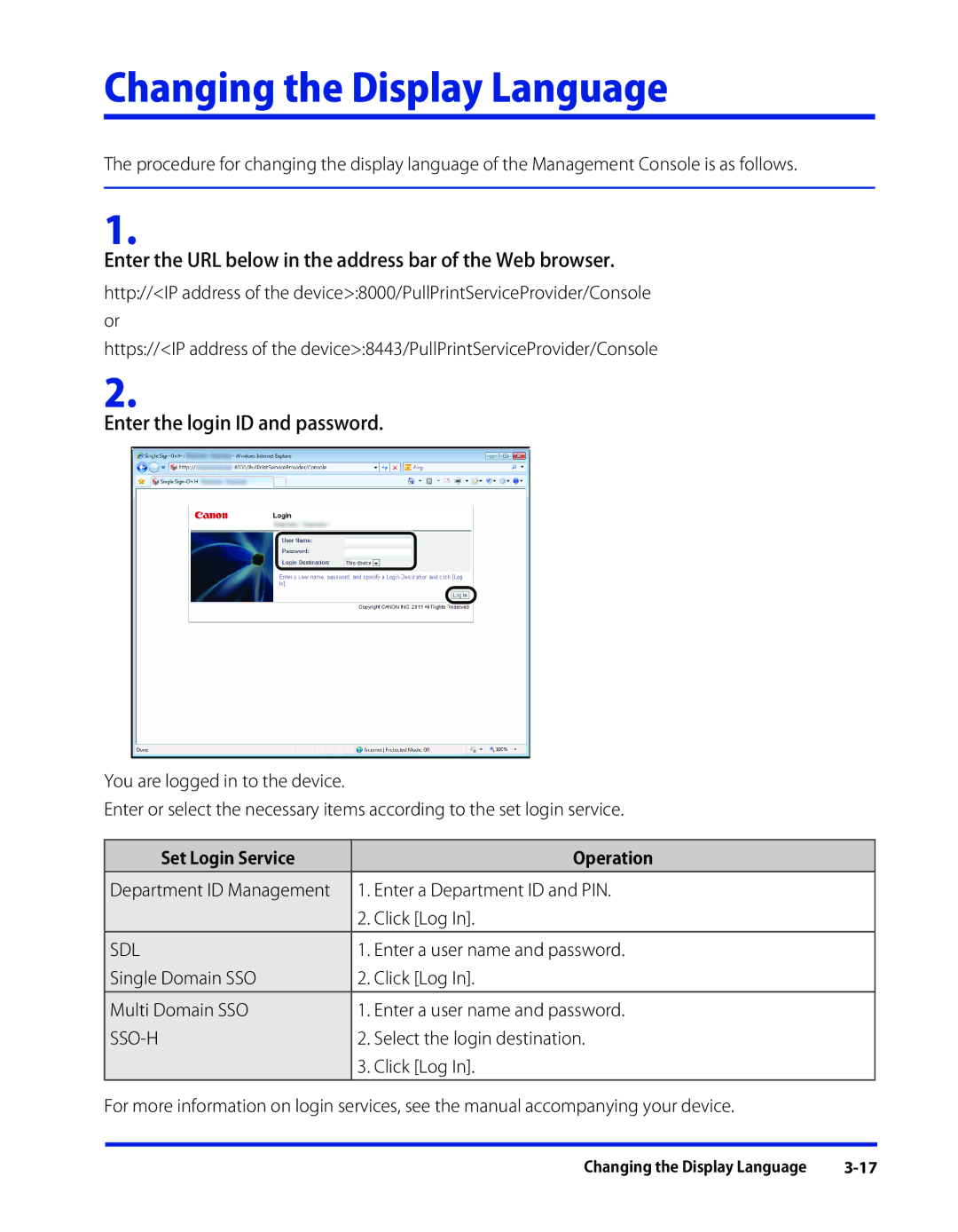 Canon SE-IE-1359-V2 manual Changing the Display Language, Enter the URL below in the address bar of the Web browser 