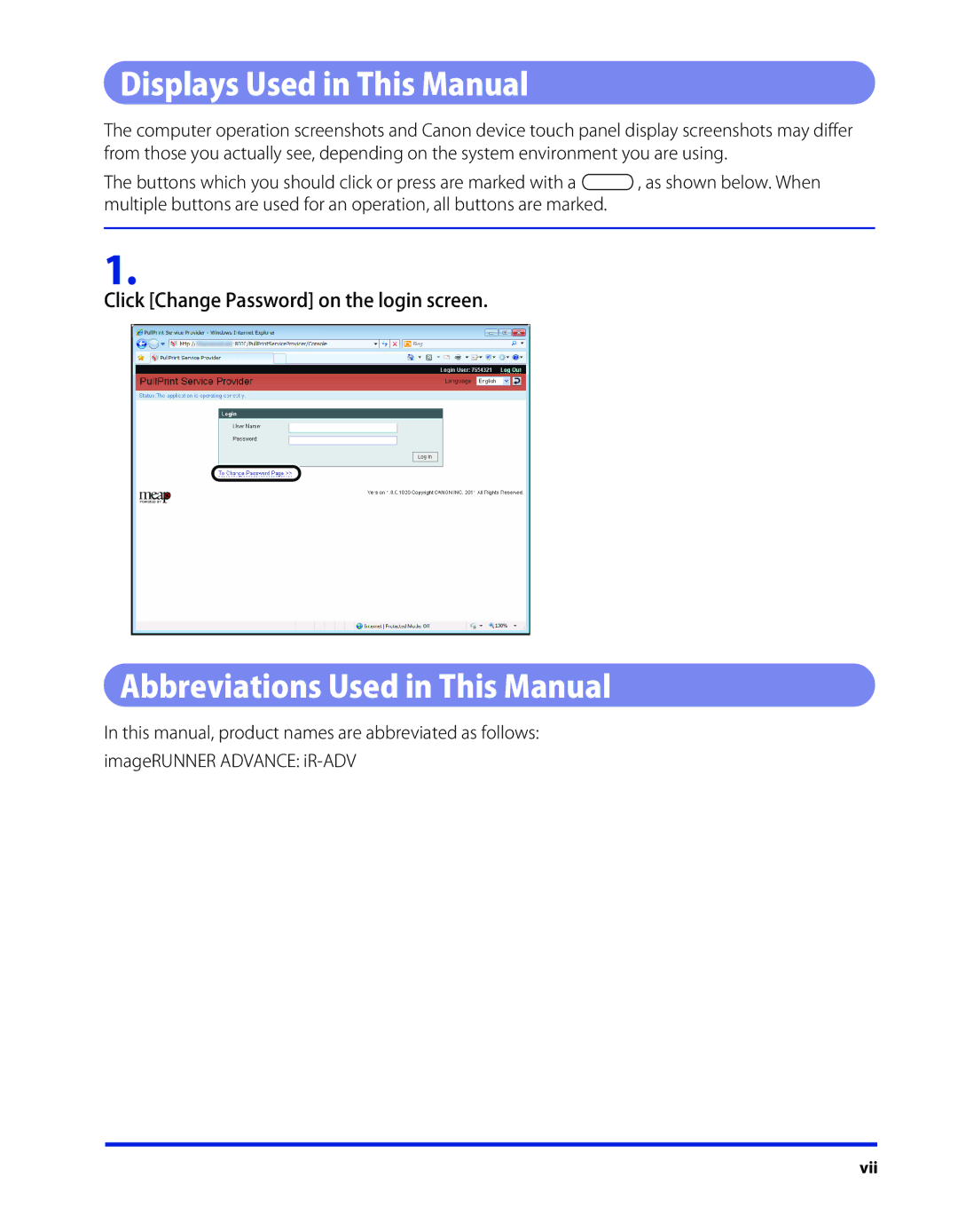 Canon SE-IE-1359-V2 manual Displays Used in This Manual, Abbreviations Used in This Manual 