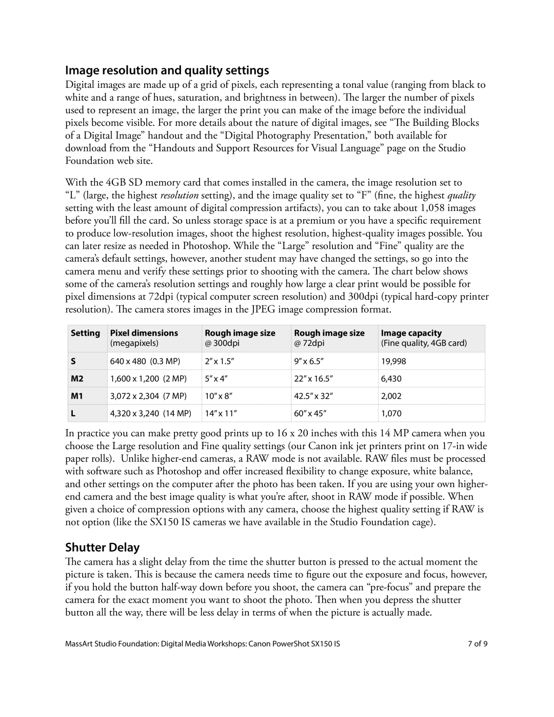 Canon SX150 IS manual Image resolution and quality settings, Shutter Delay 