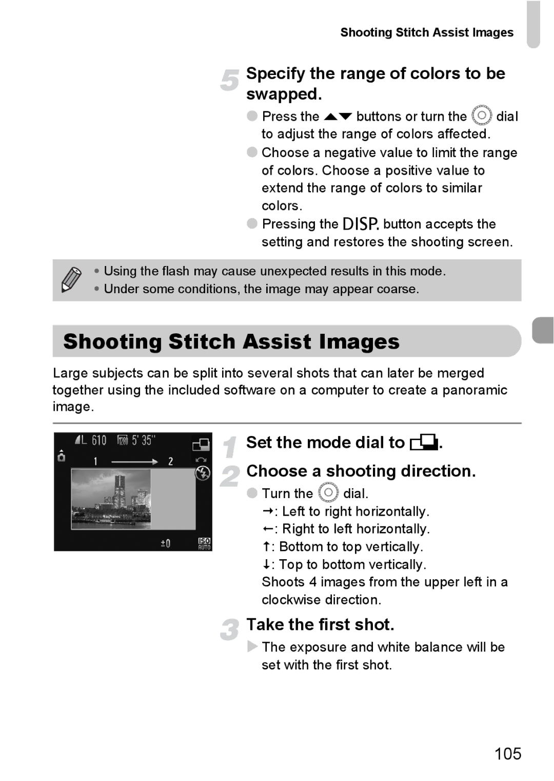 Canon SX20 IS manual Shooting Stitch Assist Images, Specify the range of colors to be swapped, Take the first shot, 105 