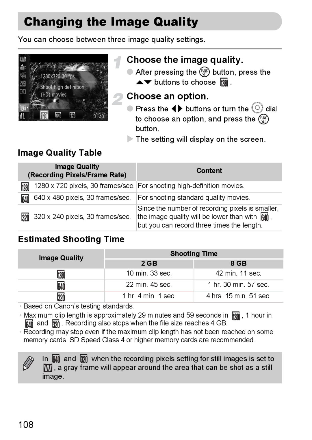 Canon SX20 IS Changing the Image Quality, Choose the image quality, 108, Image Quality Table, Estimated Shooting Time 