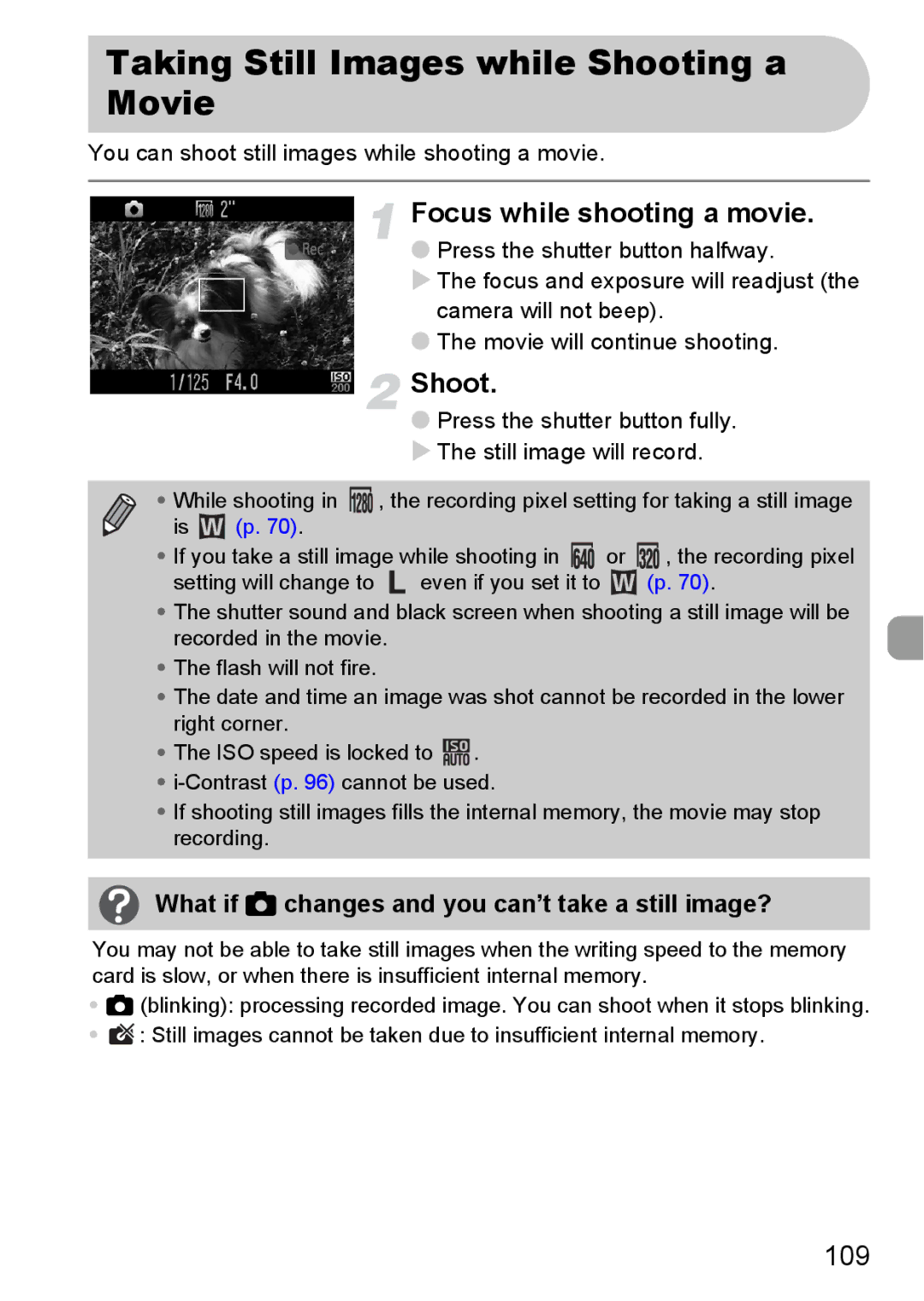 Canon SX20 IS manual Taking Still Images while Shooting a Movie, Focus while shooting a movie, 109 