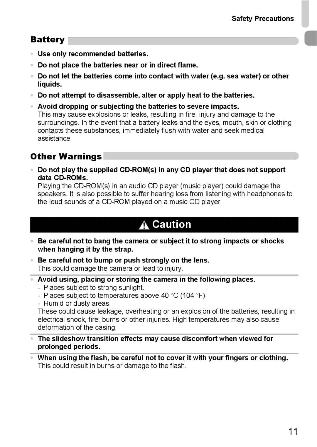 Canon SX20 IS manual Battery, Other Warnings, Safety Precautions 