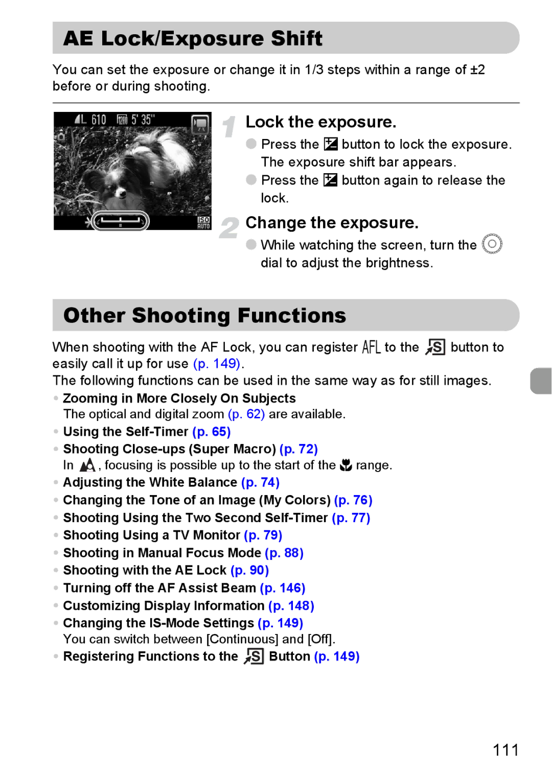 Canon SX20 IS manual AE Lock/Exposure Shift, Other Shooting Functions, Change the exposure, 111 