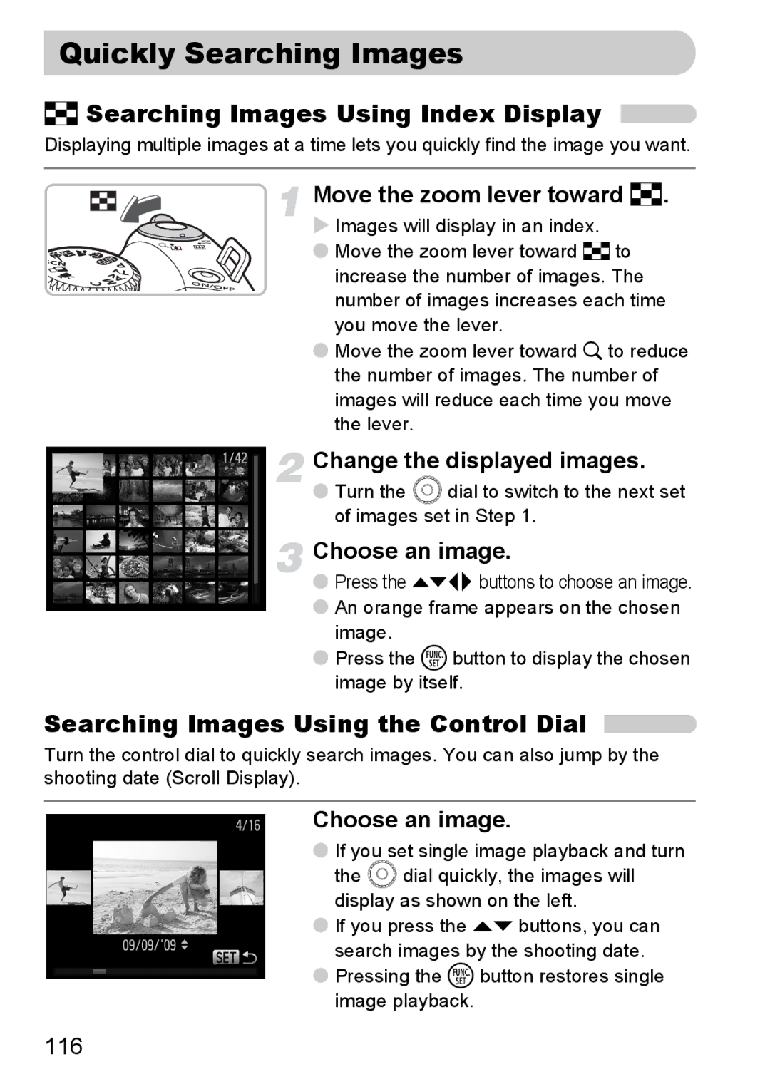 Canon SX20 IS Quickly Searching Images, Searching Images Using Index Display, Searching Images Using the Control Dial 