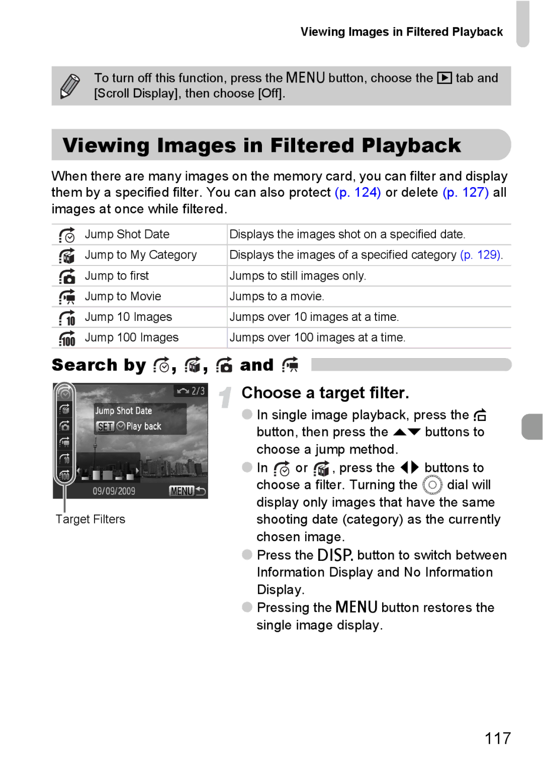 Canon SX20 IS manual Viewing Images in Filtered Playback, Search by, Choose a target filter, 117 