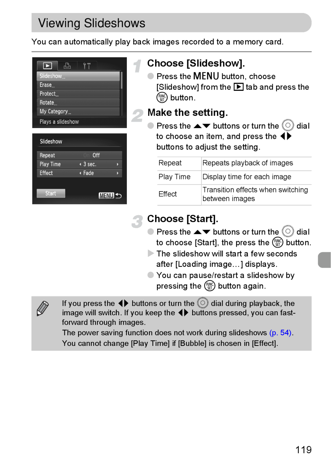 Canon SX20 IS manual Viewing Slideshows, Choose Slideshow, Choose Start, 119 