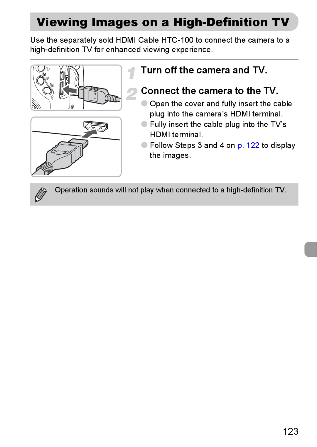 Canon SX20 IS manual Viewing Images on a High-Definition TV, 123, Open the cover and fully insert the cable 