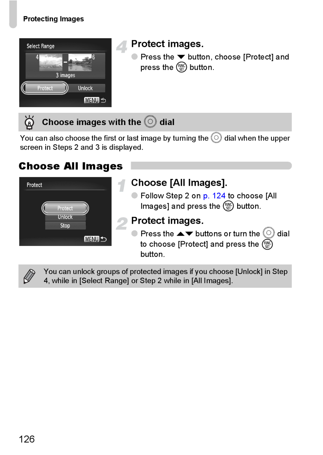 Canon SX20 IS manual Choose All Images, Protect images, 126, Choose images with the Â dial 