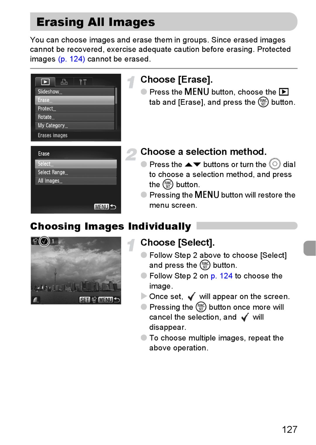 Canon SX20 IS manual Erasing All Images, Choose Erase, 127 