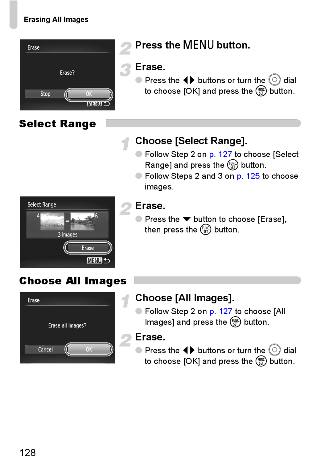 Canon SX20 IS manual Press the n button Erase, 128, Press the p button to choose Erase, then press the m button 