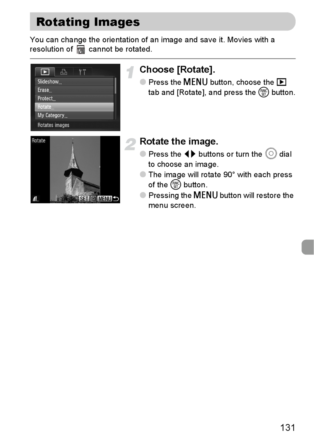 Canon SX20 IS manual Rotating Images, Choose Rotate, Rotate the image, 131 