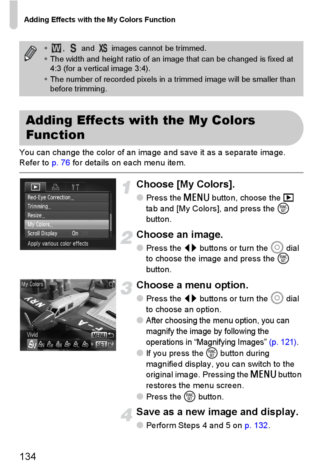 Canon SX20 IS manual Adding Effects with the My Colors Function, Choose a menu option, 134 