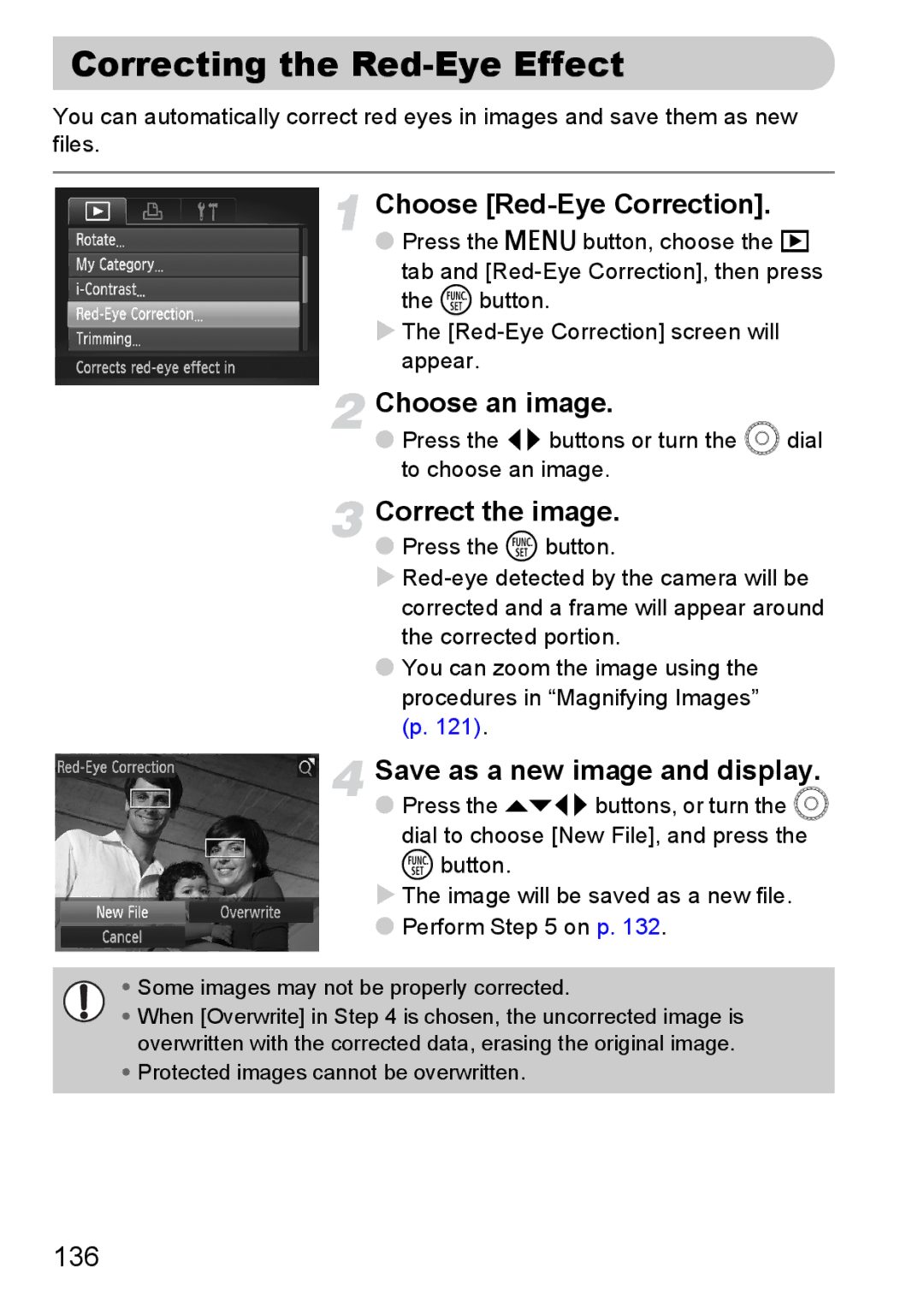 Canon SX20 IS manual Correcting the Red-Eye Effect, Choose Red-Eye Correction, Correct the image, 136 