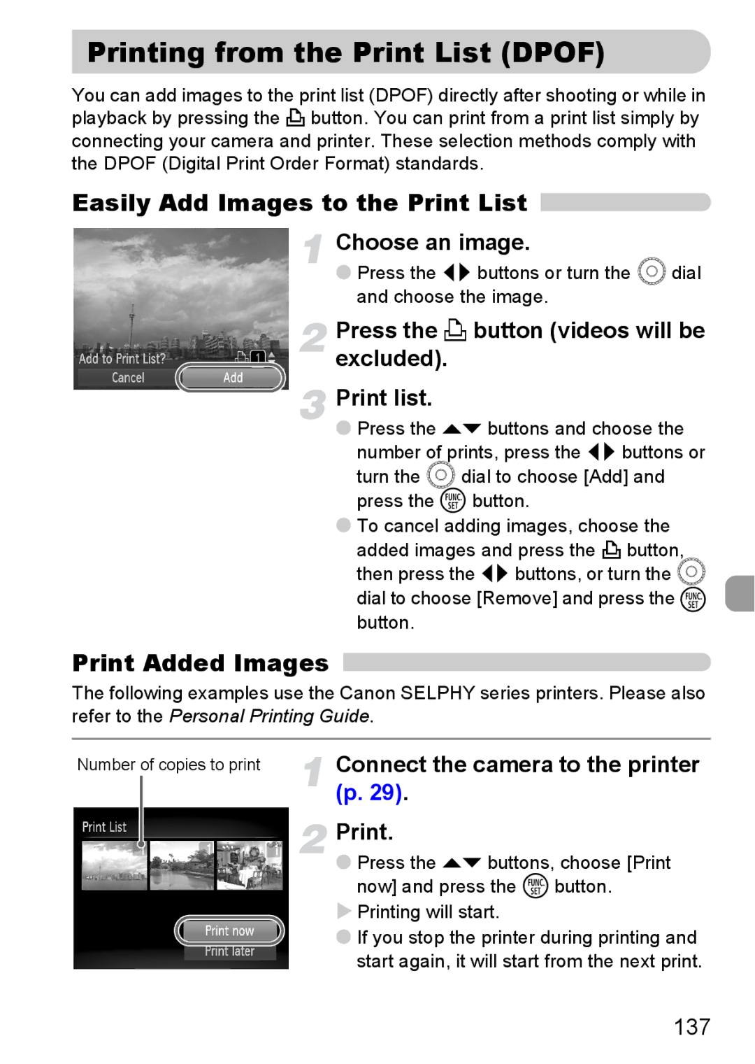 Canon SX20 IS manual 137, Printing will start, Print list 