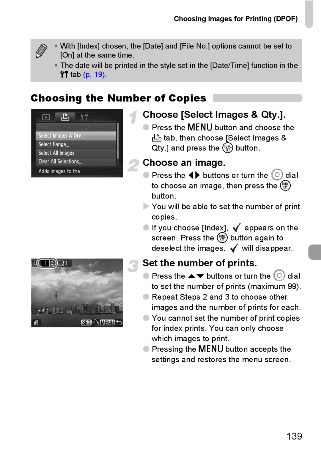 Canon SX20 IS manual Choosing the Number of Copies, Choose Select Images & Qty, Set the number of prints, 139 