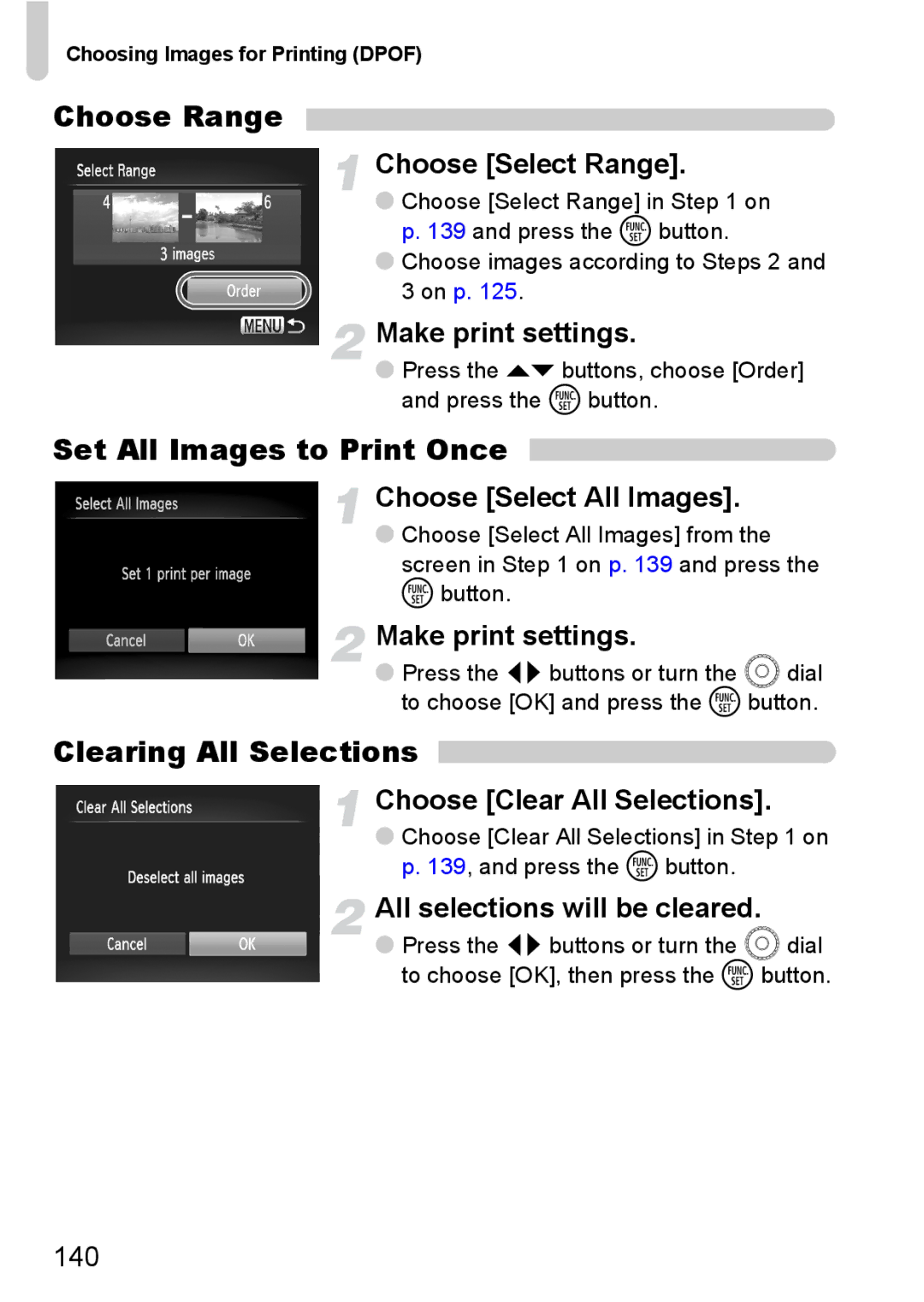 Canon SX20 IS manual Choose Range, Set All Images to Print Once, Clearing All Selections 