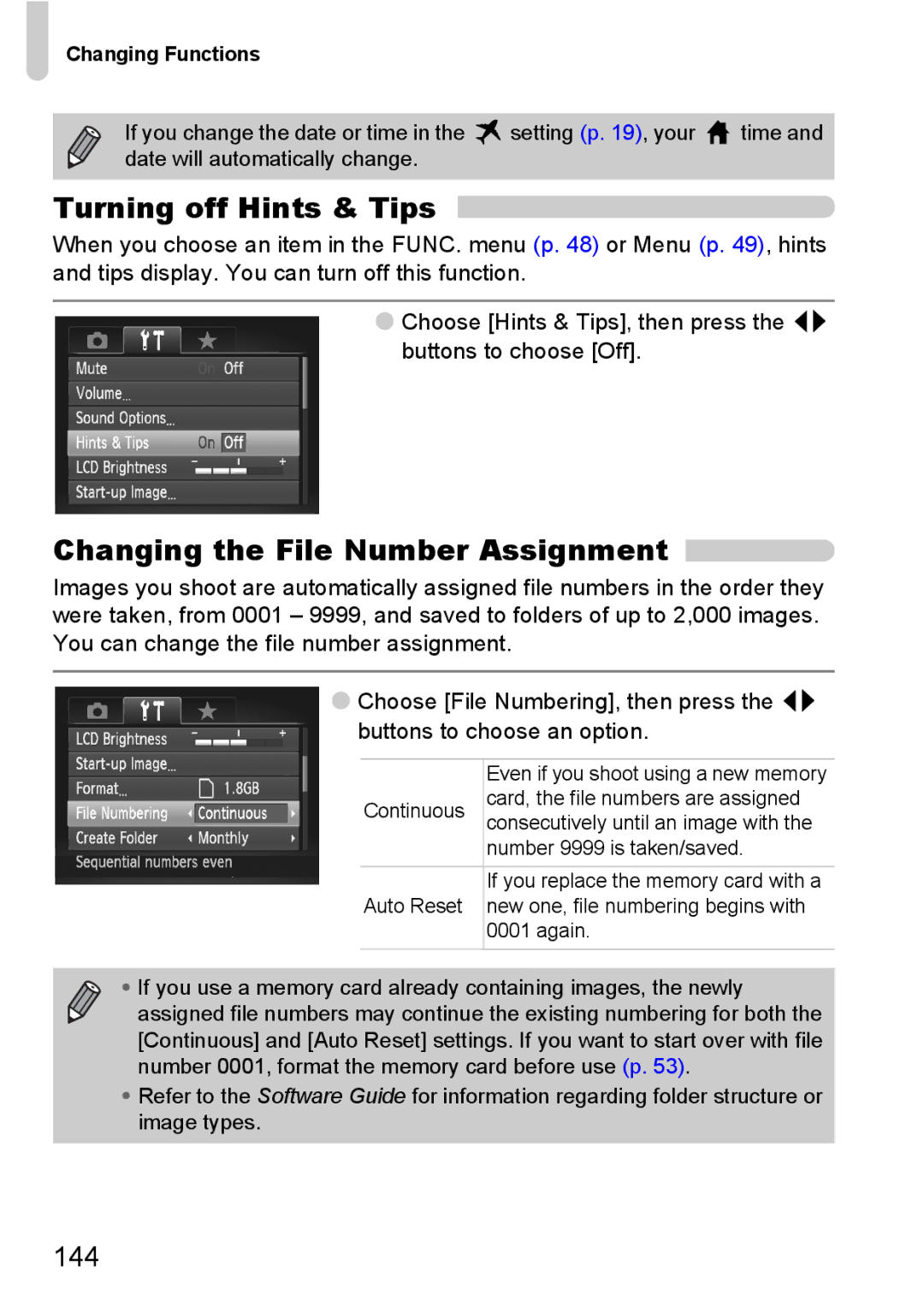 Canon SX20 IS manual Turning off Hints & Tips, Changing the File Number Assignment, 144 