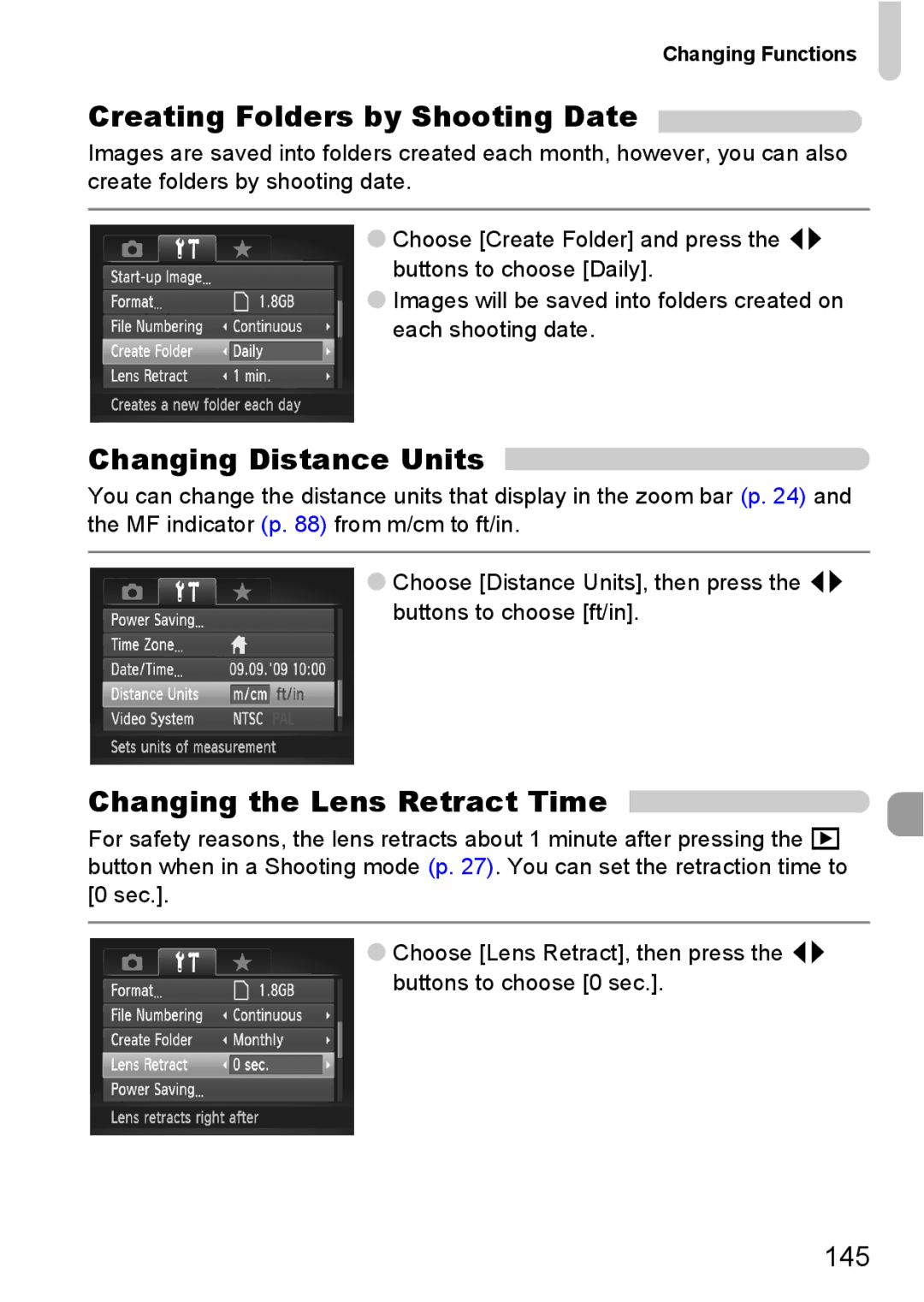 Canon SX20 IS manual Creating Folders by Shooting Date, Changing Distance Units, Changing the Lens Retract Time, 145 