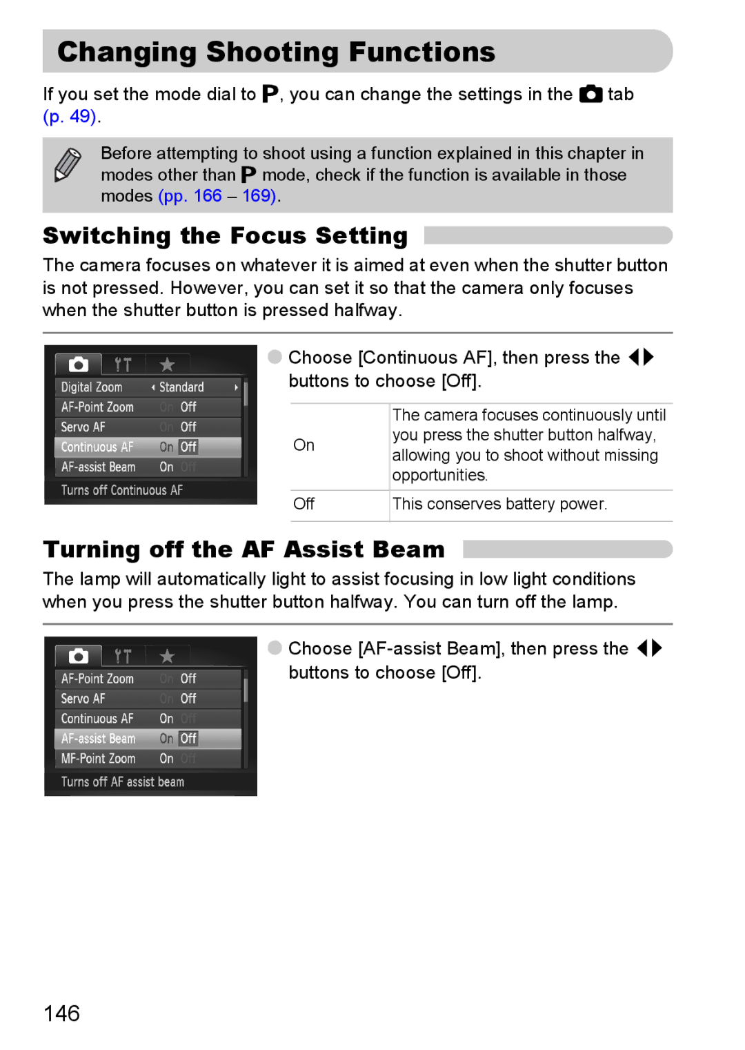 Canon SX20 IS manual Changing Shooting Functions, Switching the Focus Setting, Turning off the AF Assist Beam, 146 