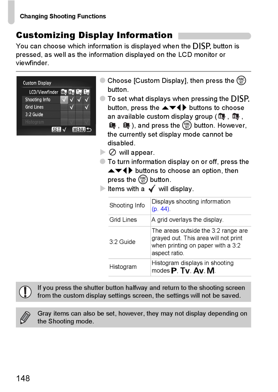 Canon SX20 IS manual Customizing Display Information, 148 