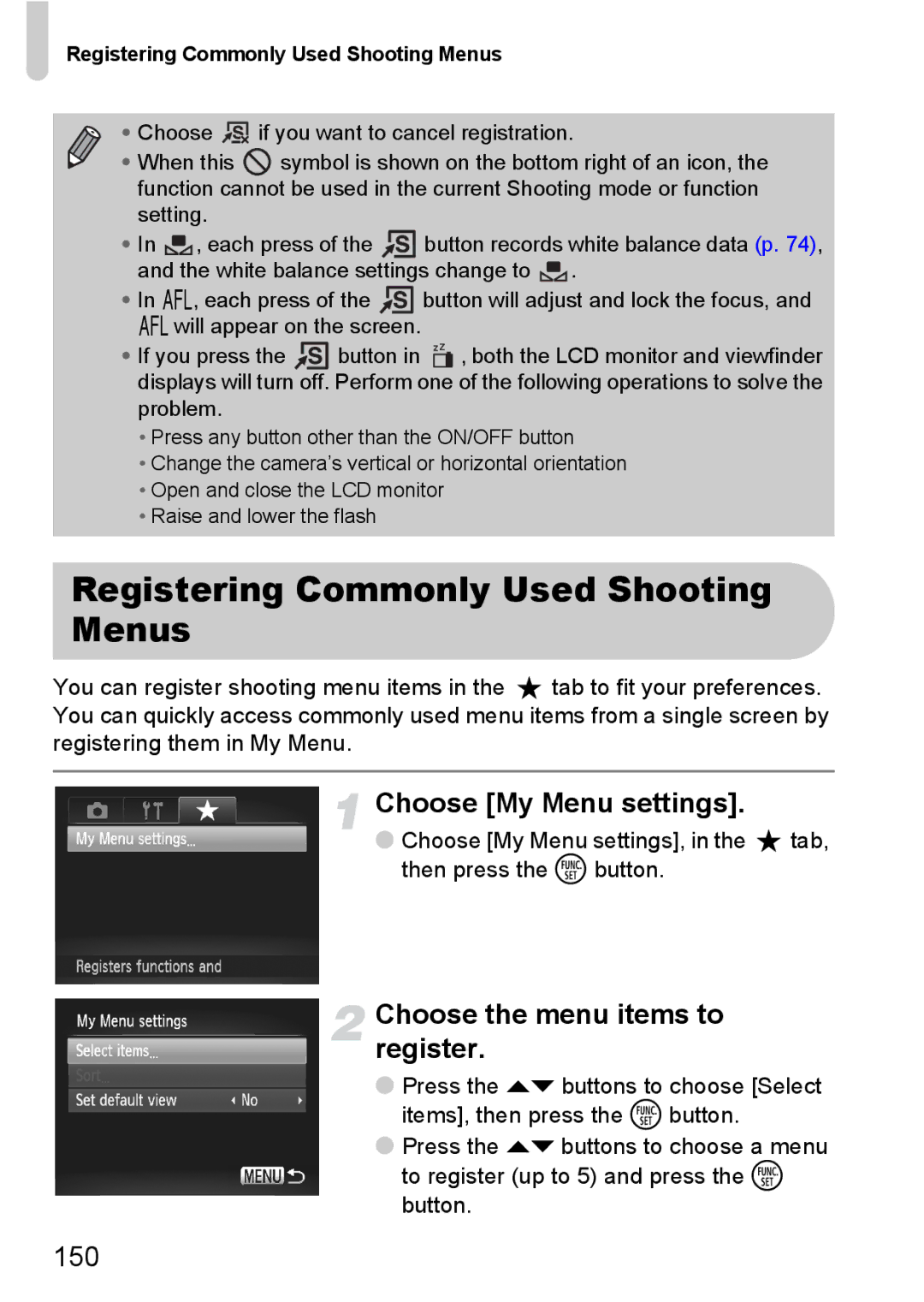 Canon SX20 IS Registering Commonly Used Shooting Menus, Choose My Menu settings, Choose the menu items to register, 150 