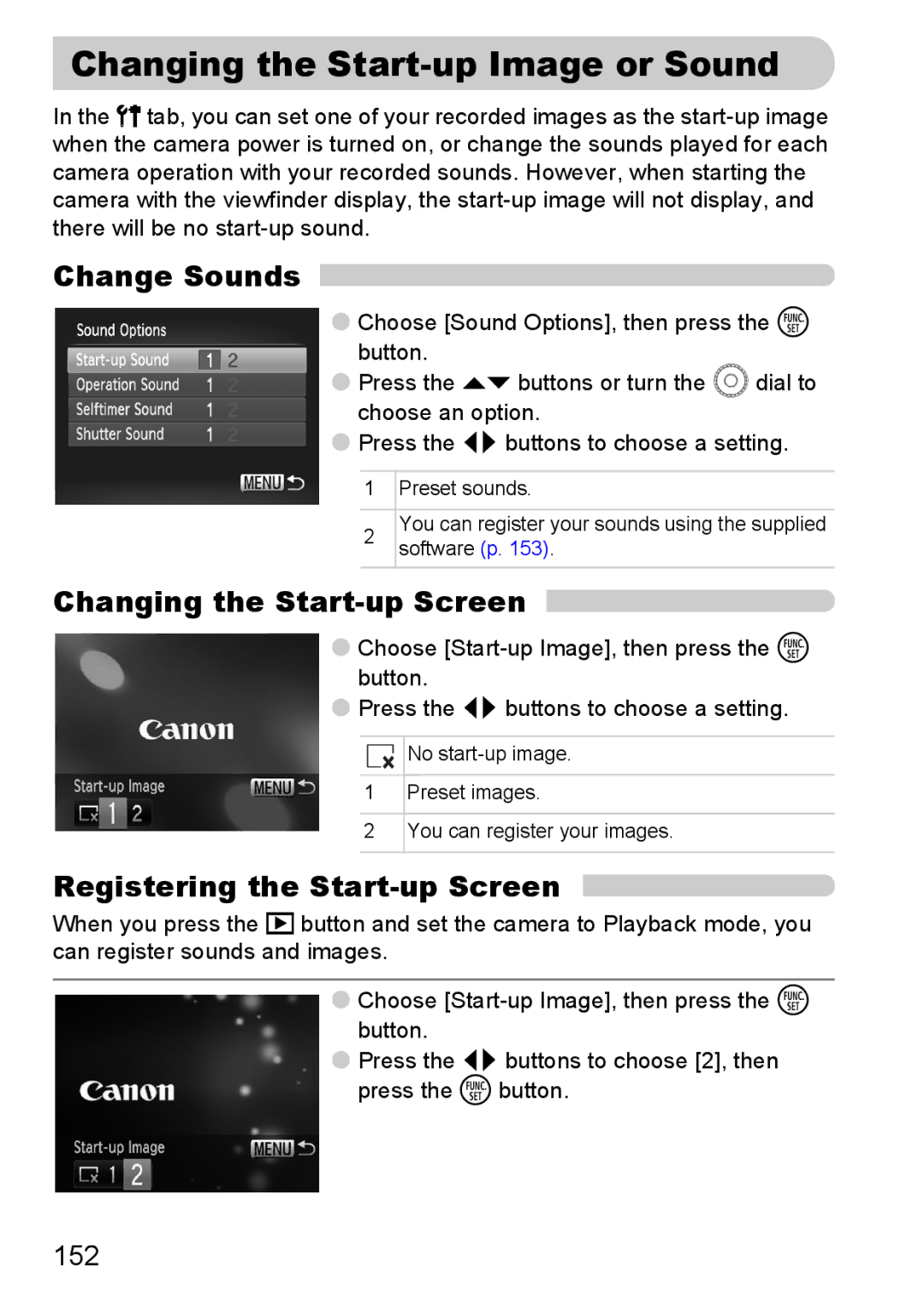 Canon SX20 IS manual Changing the Start-up Image or Sound, Change Sounds, Changing the Start-up Screen, 152 