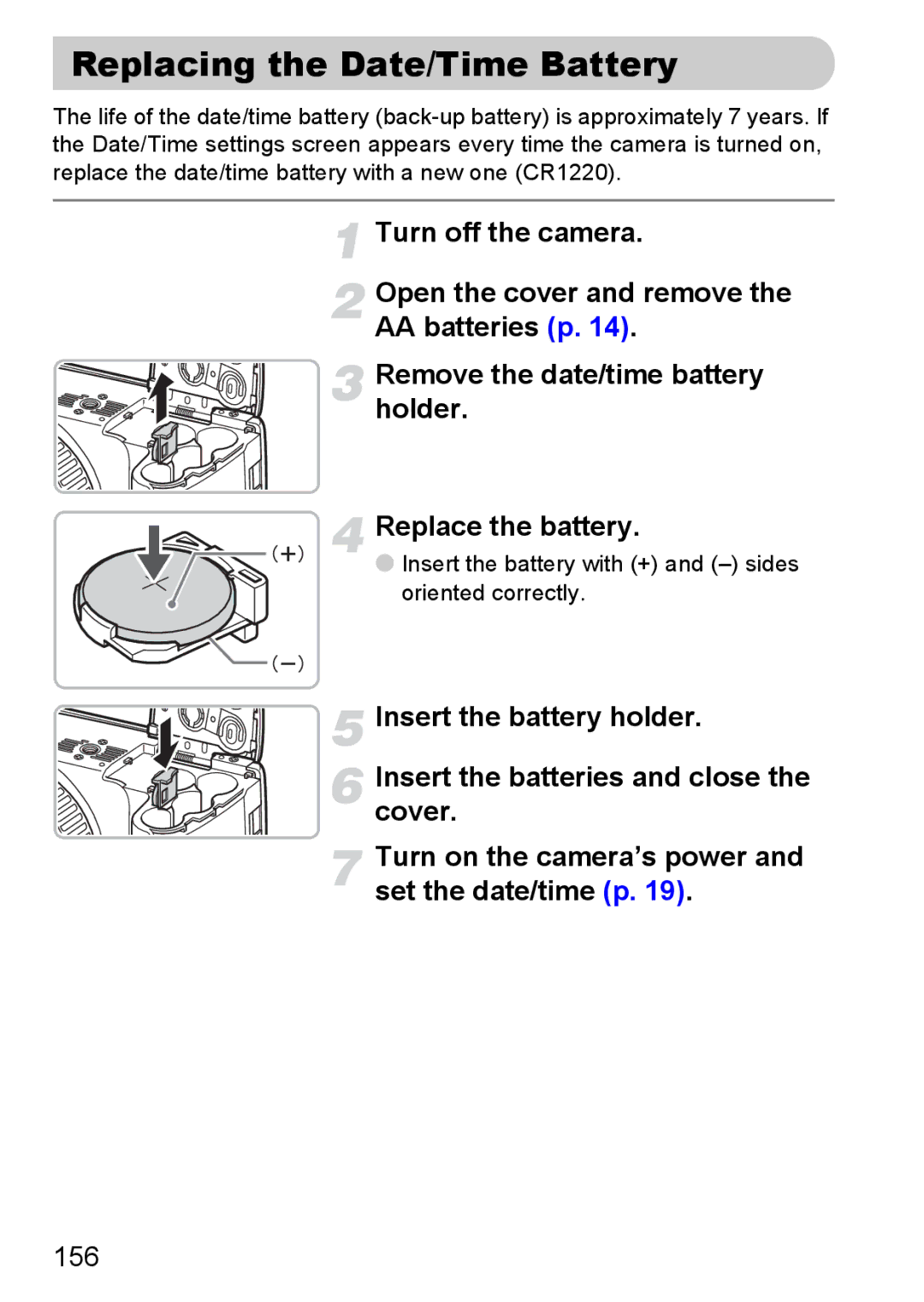 Canon SX20 IS manual Replacing the Date/Time Battery, 156, Insert the battery with + and sides oriented correctly 