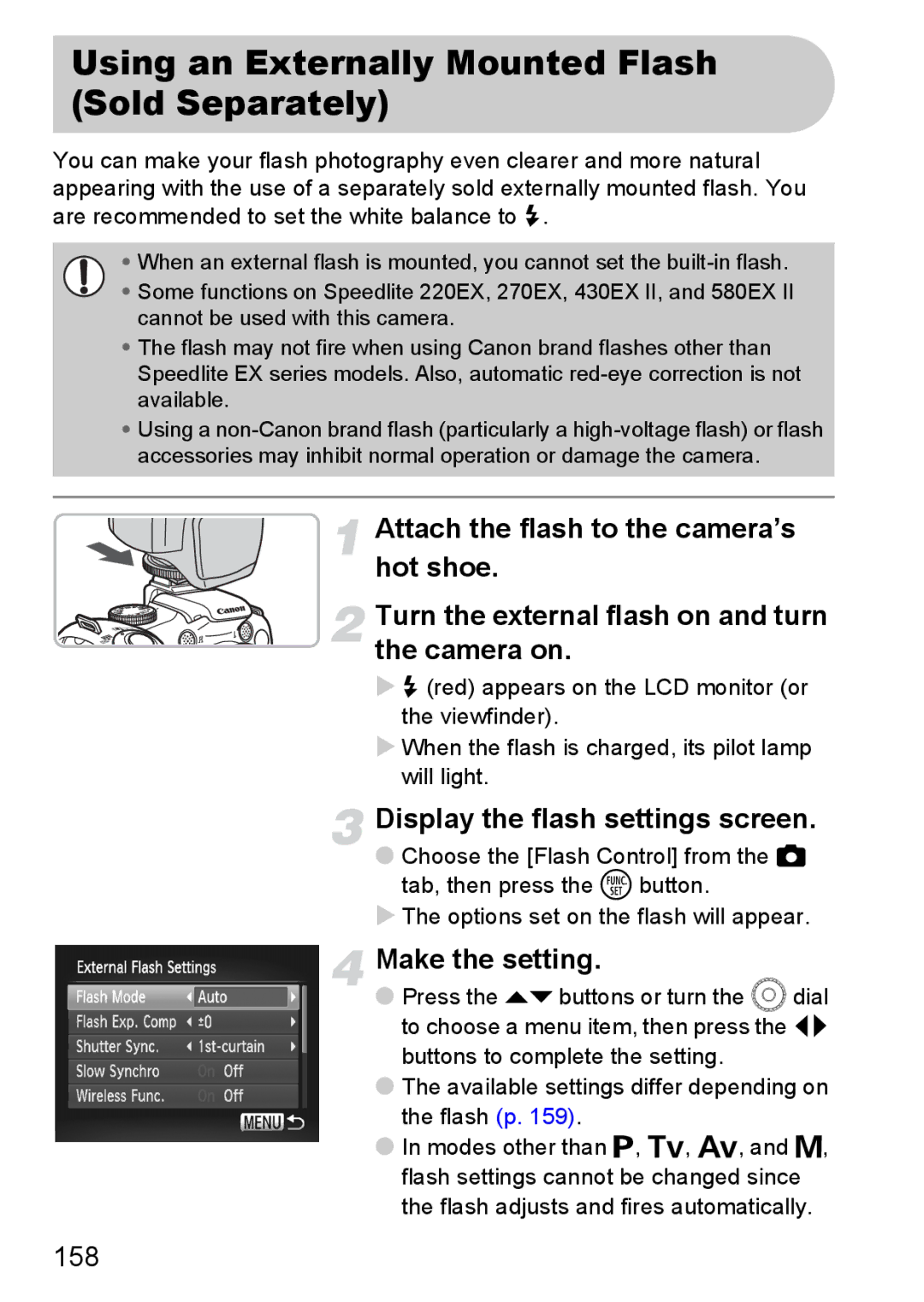 Canon SX20 IS manual Using an Externally Mounted Flash Sold Separately, Display the flash settings screen, 158 