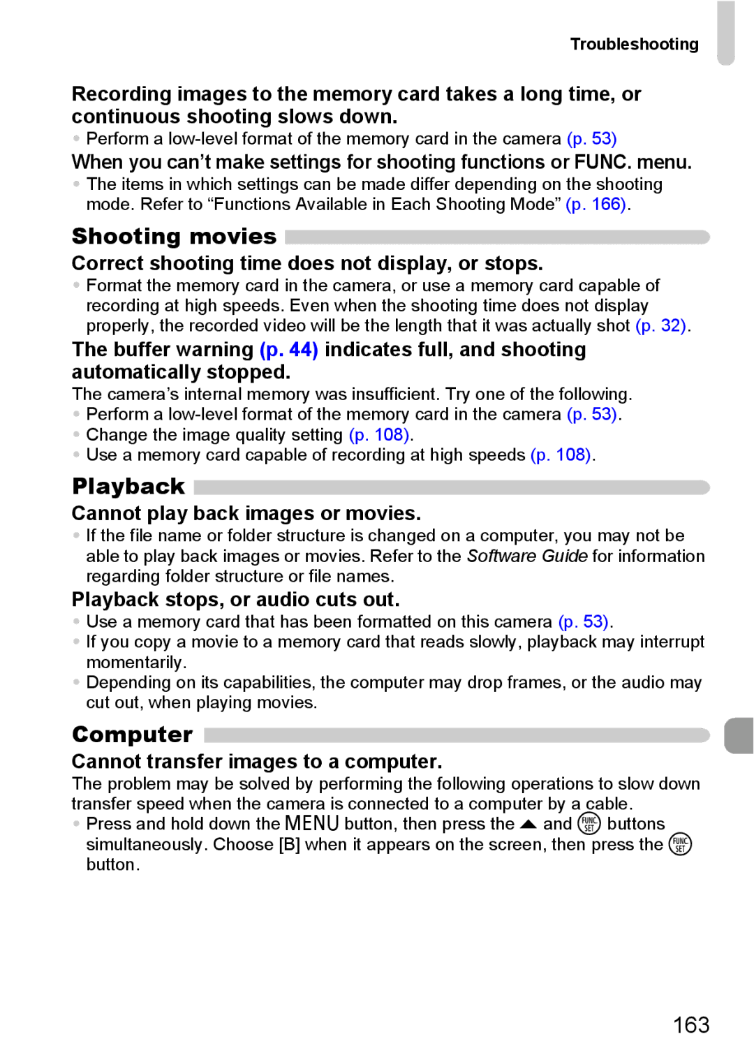 Canon SX20 IS manual Shooting movies, Playback, Computer, 163 