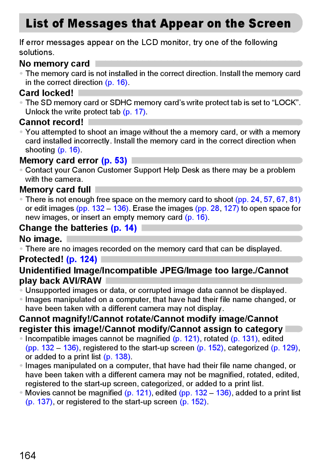 Canon SX20 IS manual List of Messages that Appear on the Screen, 164 