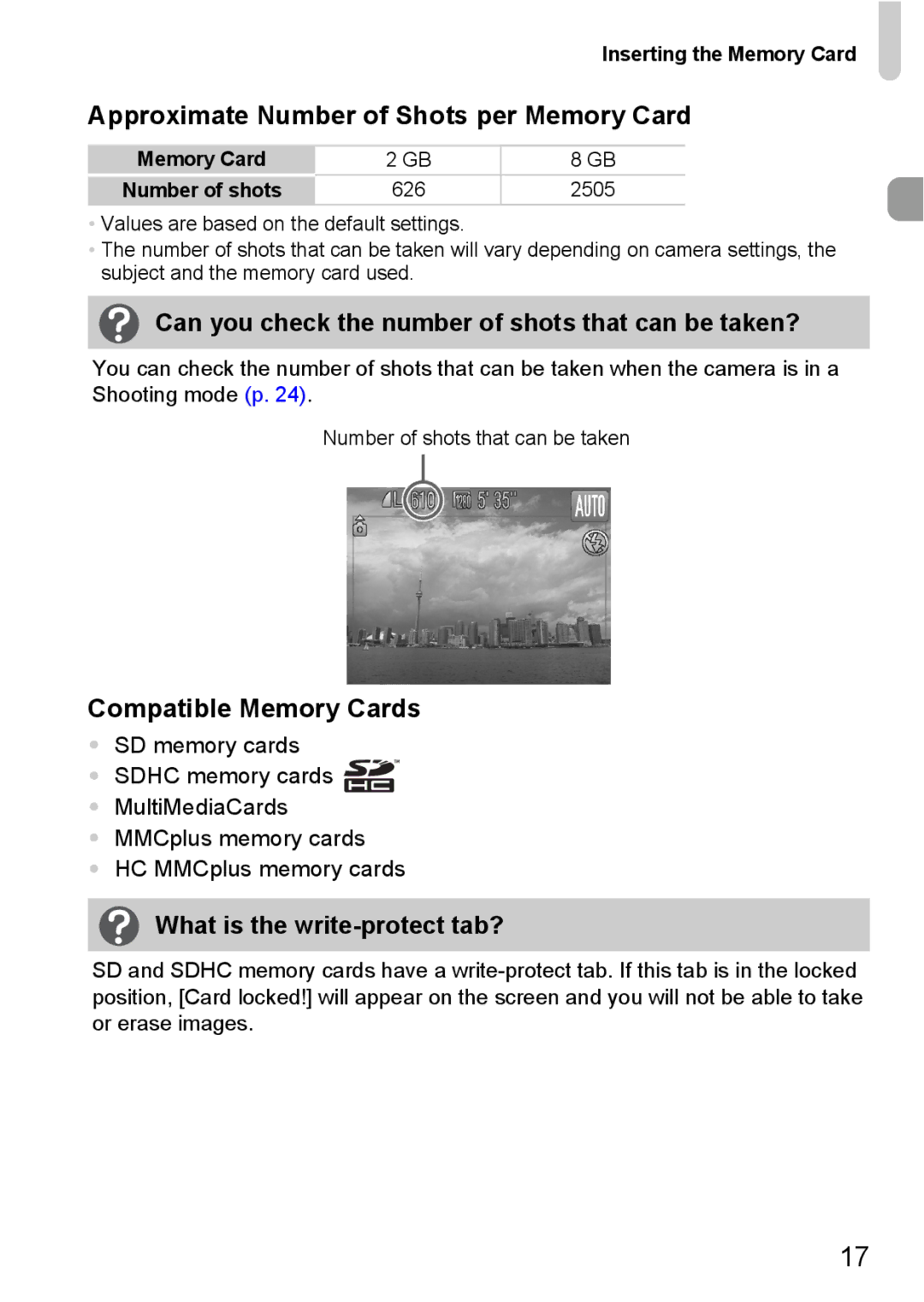 Canon SX20 IS manual Approximate Number of Shots per Memory Card, Can you check the number of shots that can be taken? 