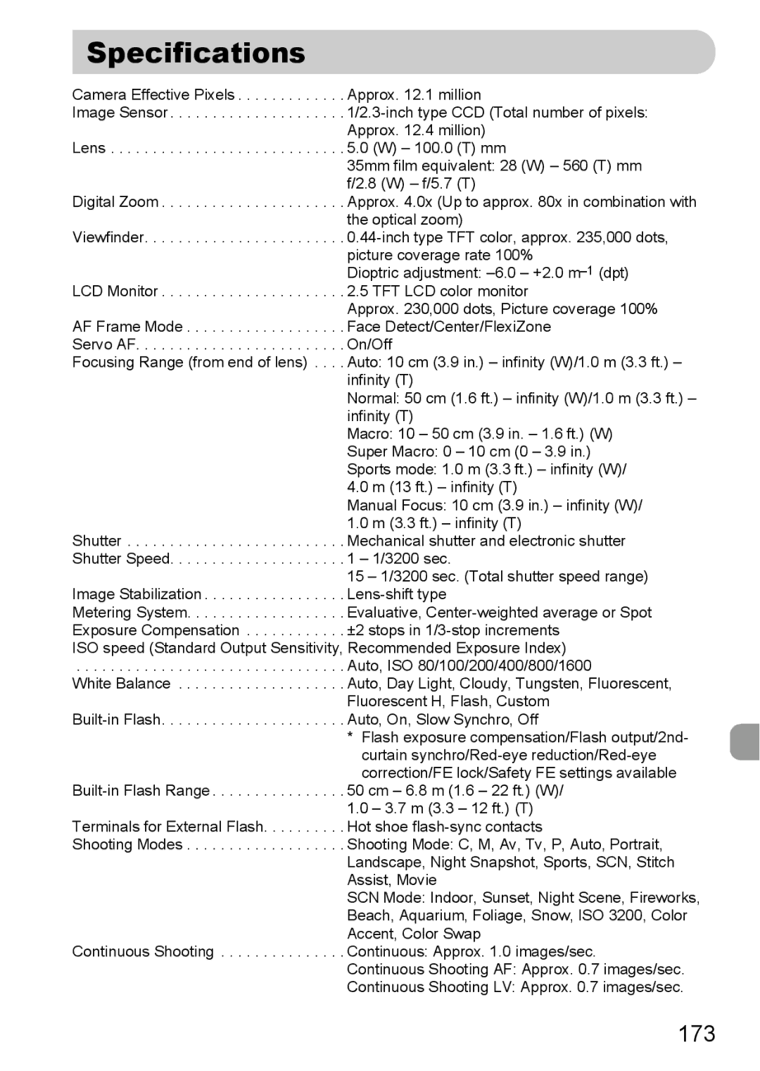 Canon SX20 IS manual Specifications, 173 