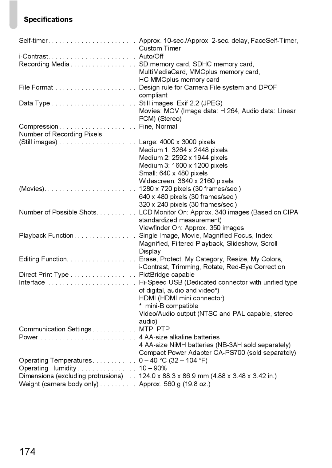 Canon SX20 IS manual 174, Specifications 