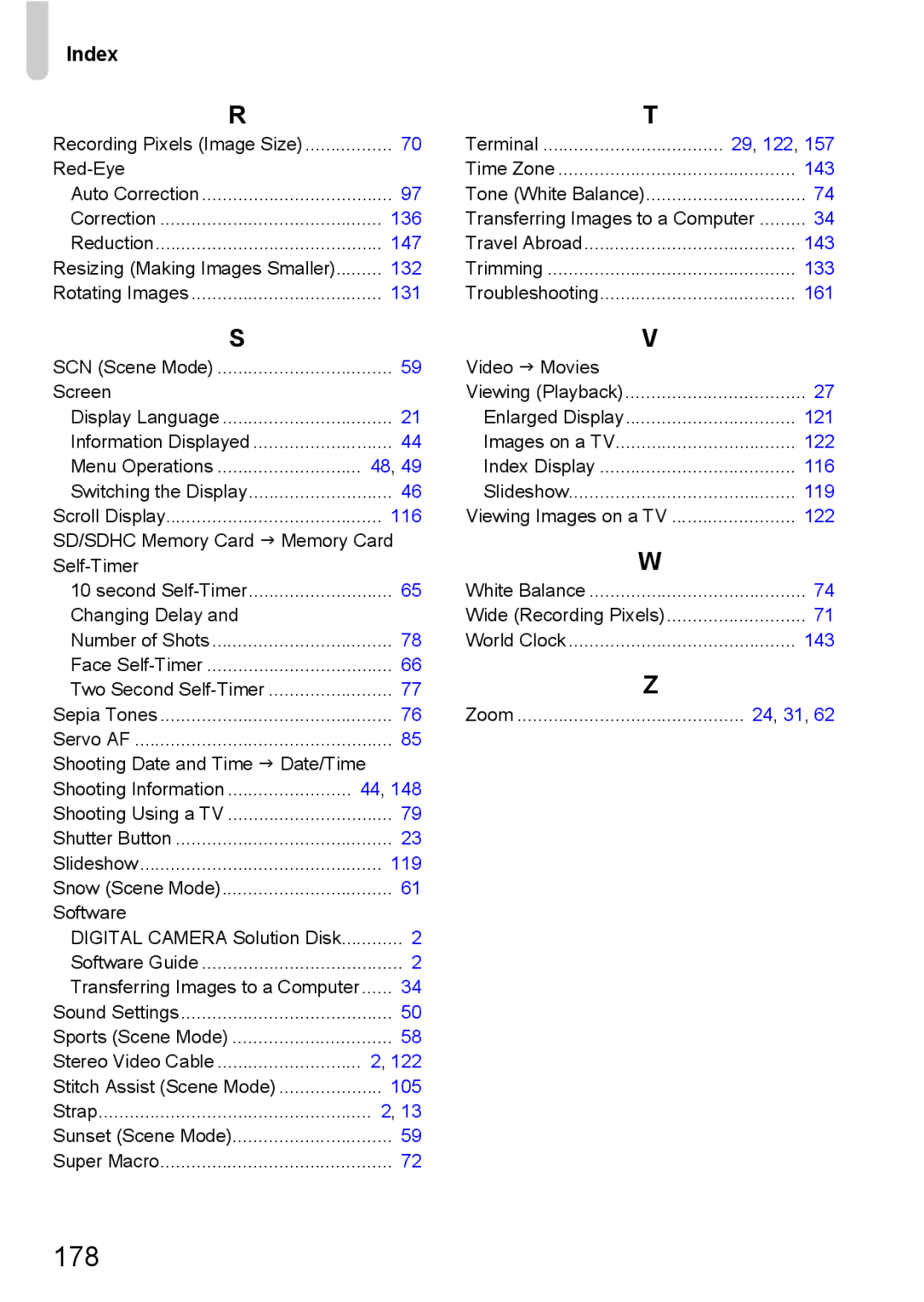 Canon SX20 IS manual 178, Index 