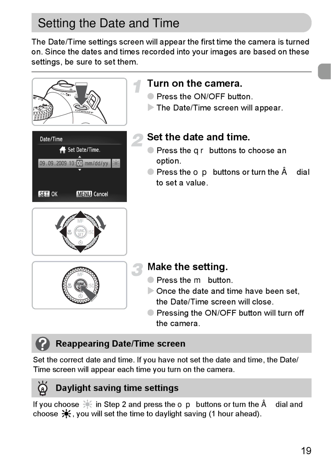 Canon SX20 IS manual Setting the Date and Time, Turn on the camera, Set the date and time, Make the setting 