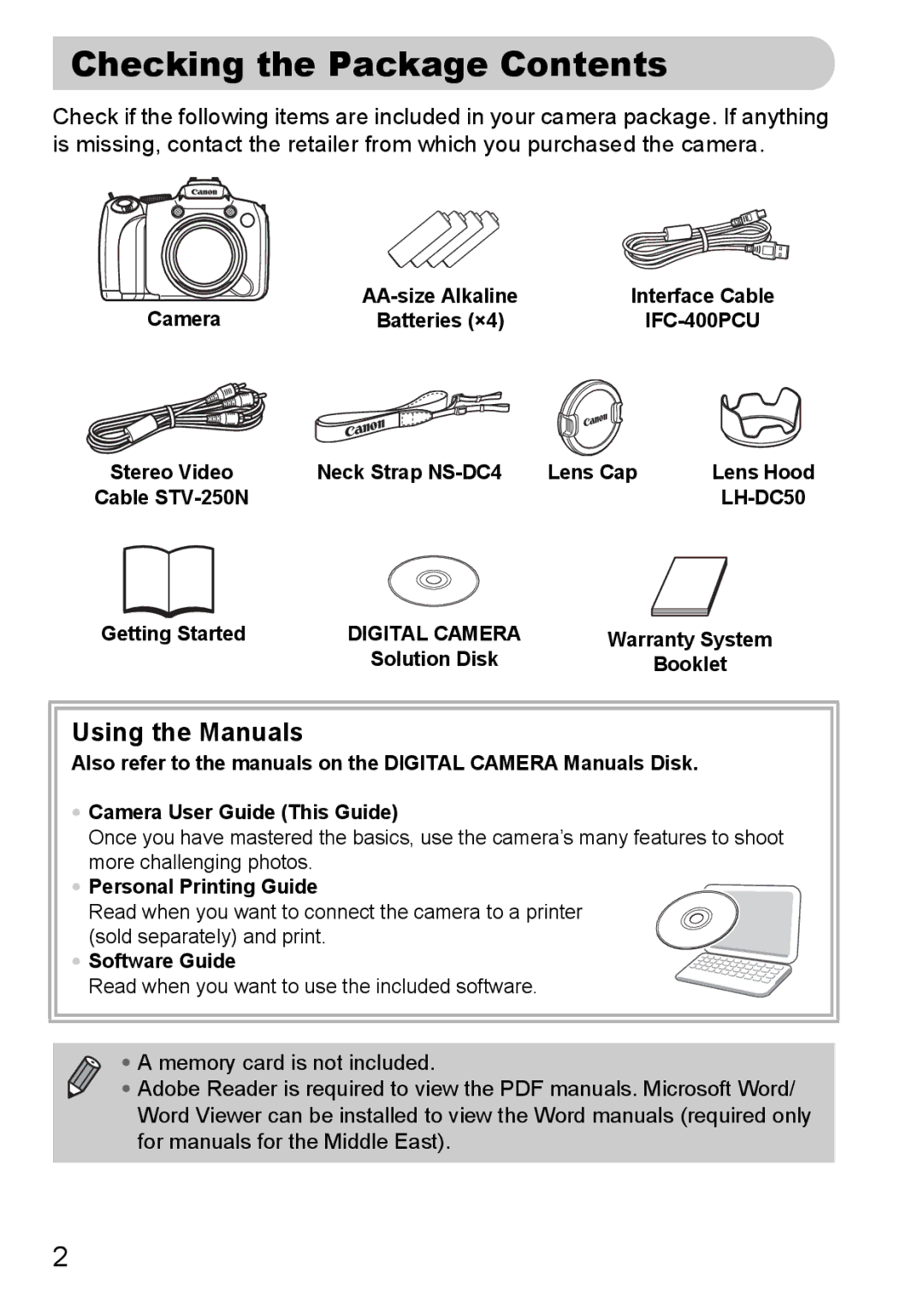 Canon SX20 IS manual Checking the Package Contents 