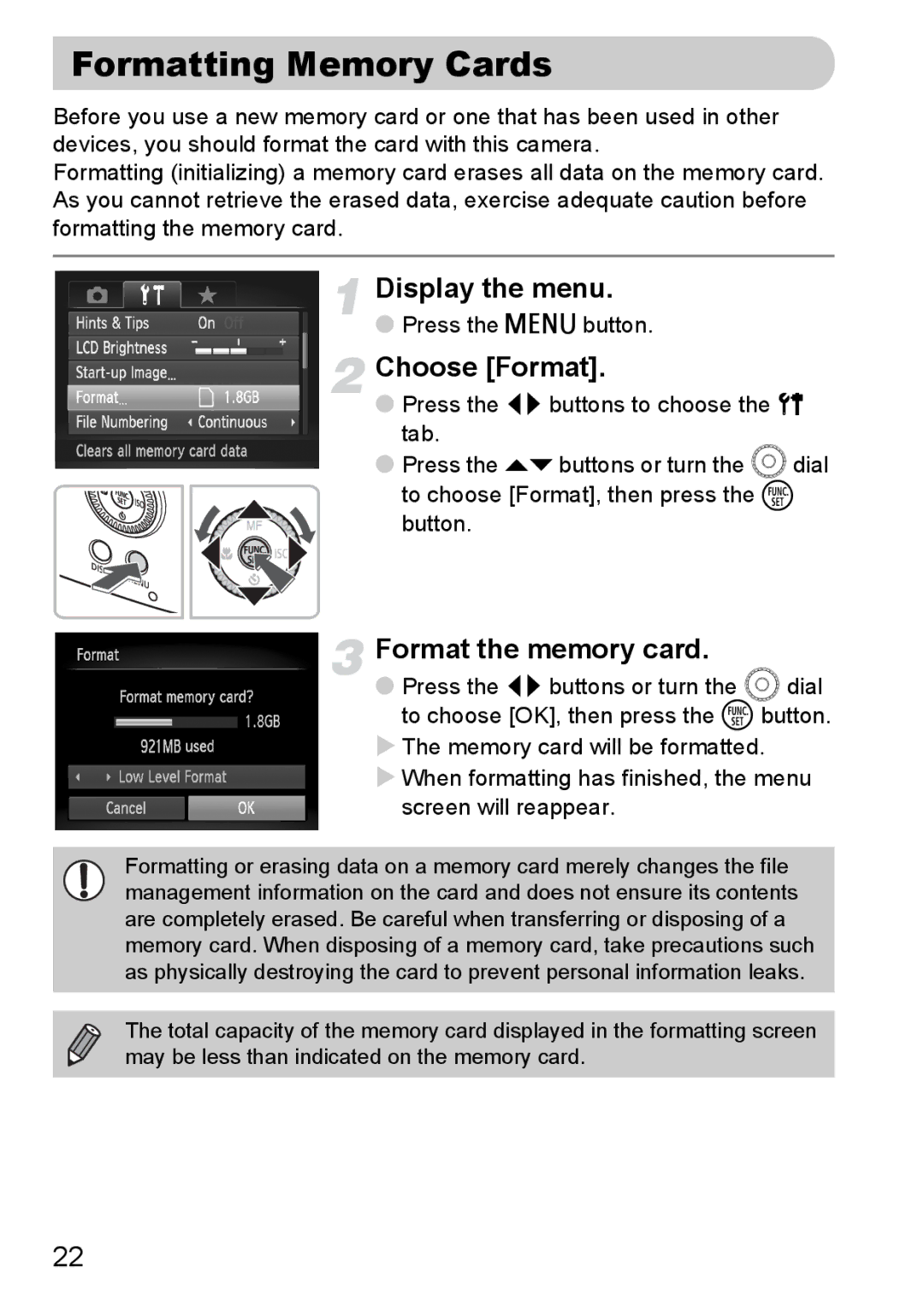 Canon SX20 IS manual Formatting Memory Cards, Display the menu, Choose Format, Format the memory card 