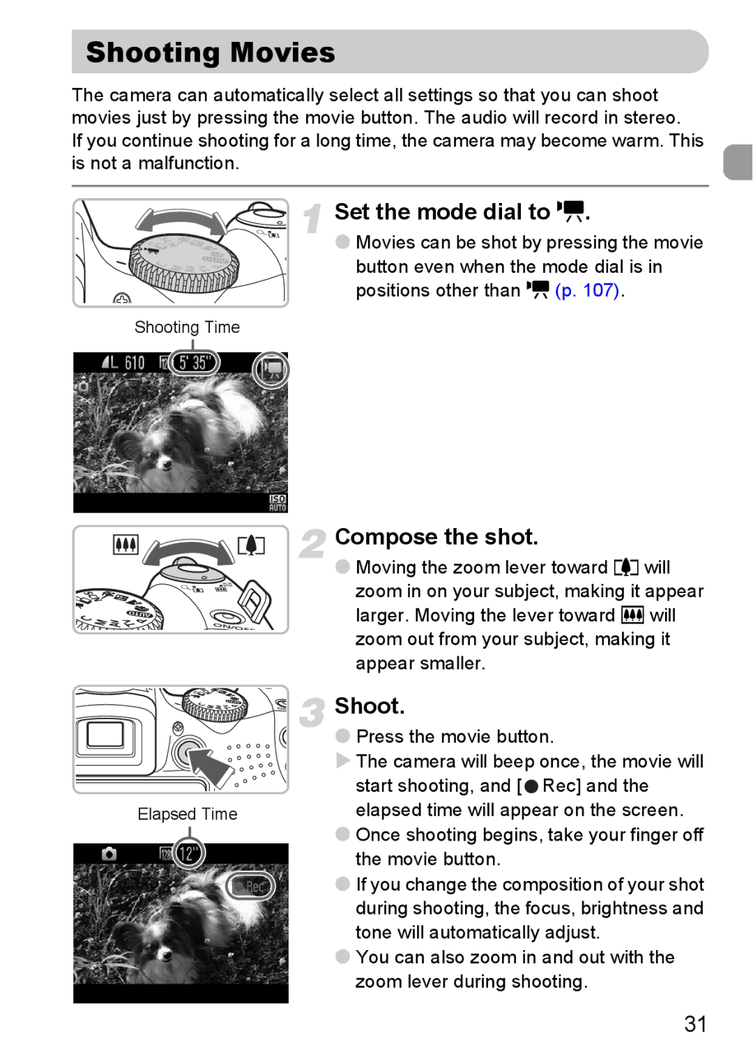 Canon SX20 IS manual Shooting Movies, Set the mode dial to E 