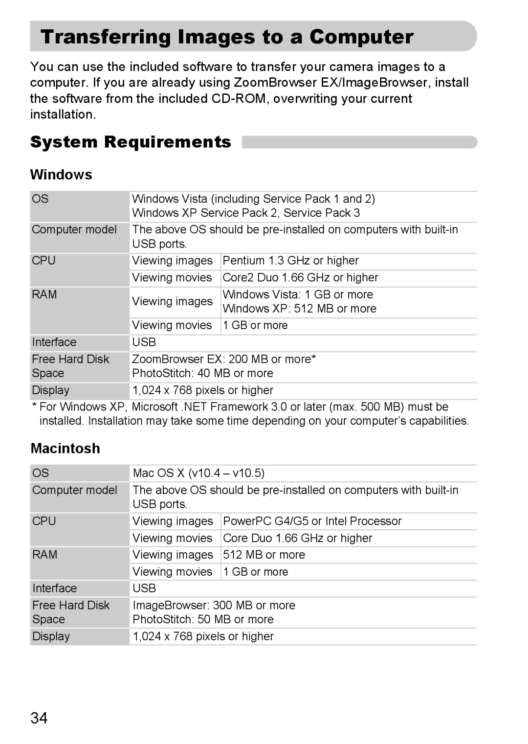 Canon SX20 IS manual Transferring Images to a Computer, System Requirements, Windows, Macintosh 