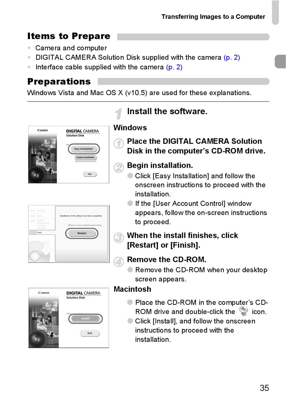 Canon SX20 IS manual Preparations, Install the software, Remove the CD-ROM when your desktop screen appears 