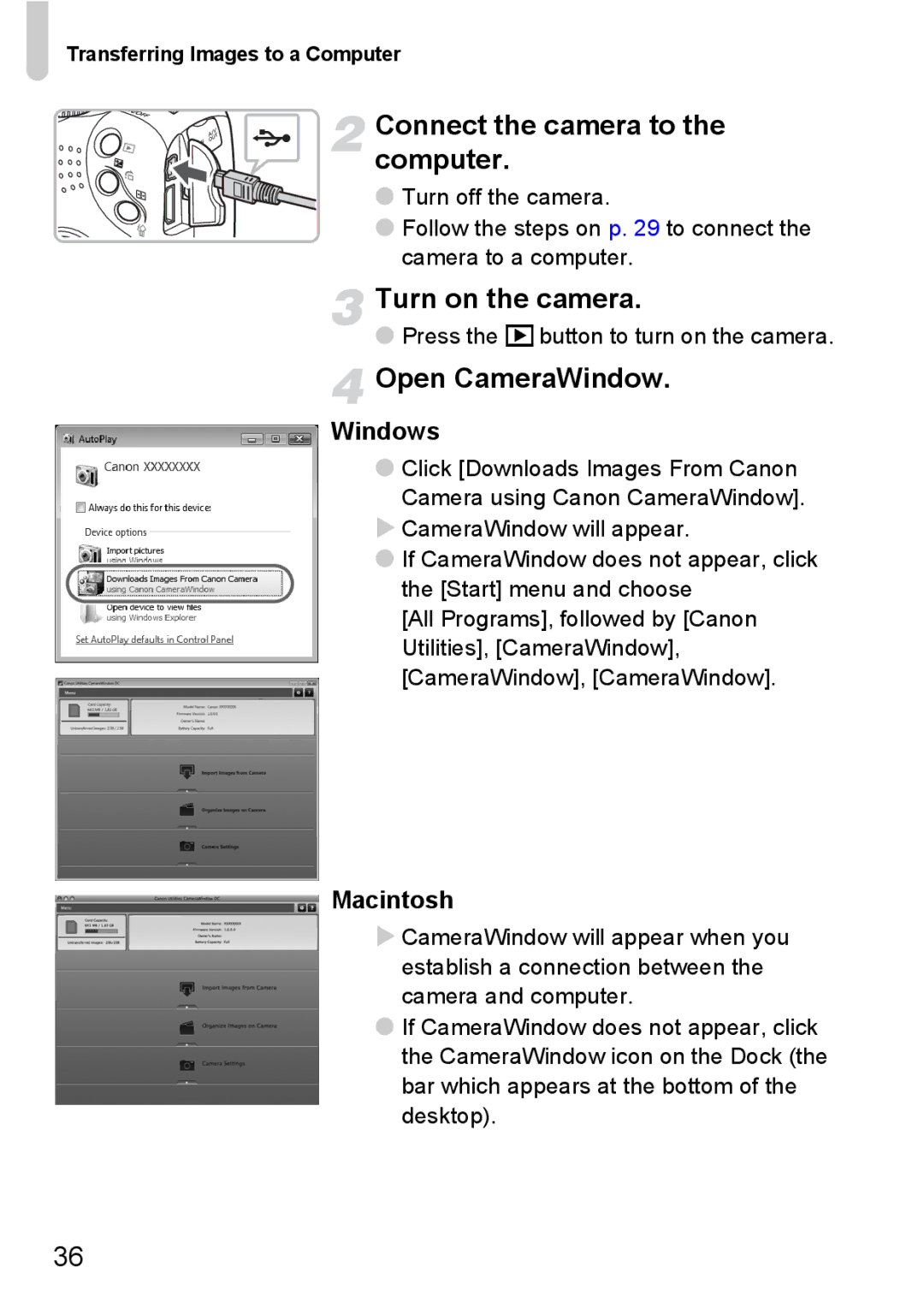 Canon SX20 IS manual Connect the camera to the computer, Open CameraWindow 