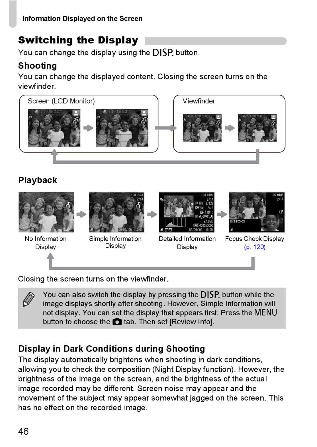 Canon SX20 IS manual Switching the Display, Playback, Display in Dark Conditions during Shooting 