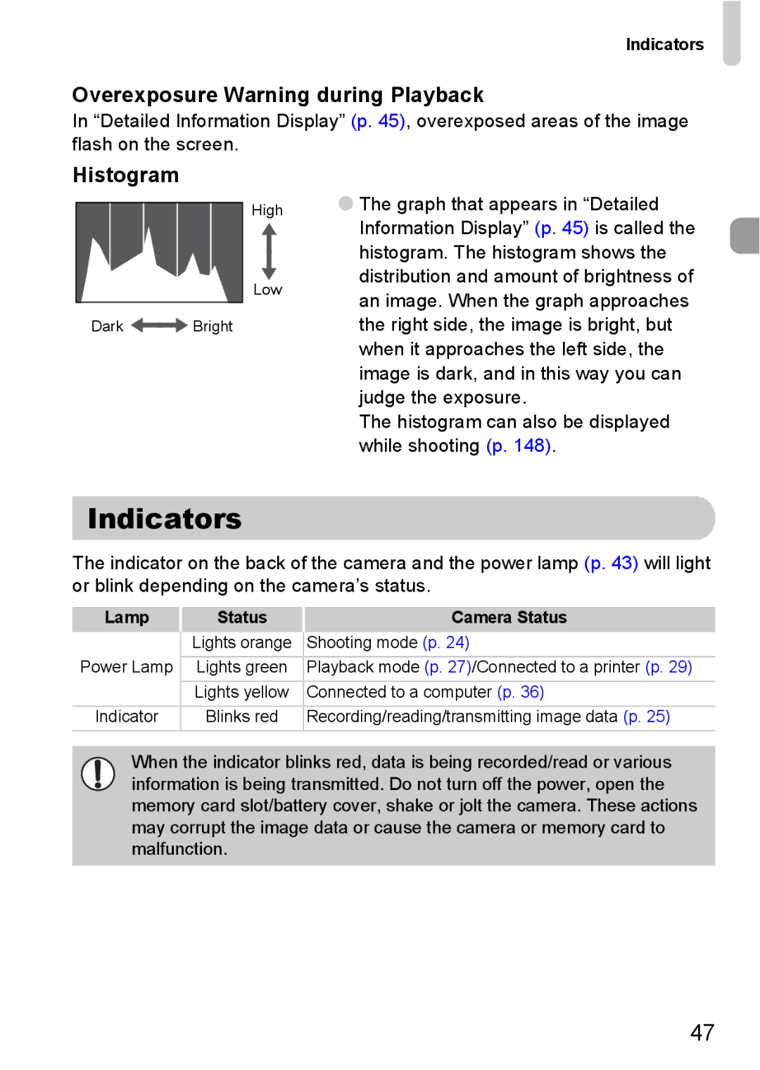 Canon SX20 IS manual Indicators, Overexposure Warning during Playback, Histogram 