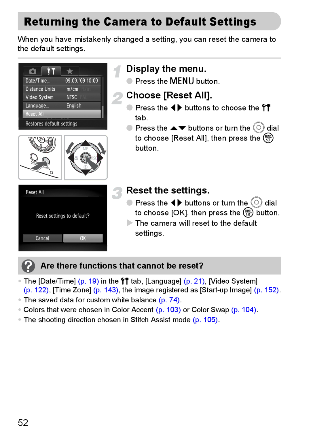 Canon SX20 IS manual Returning the Camera to Default Settings, Choose Reset All, Reset the settings 