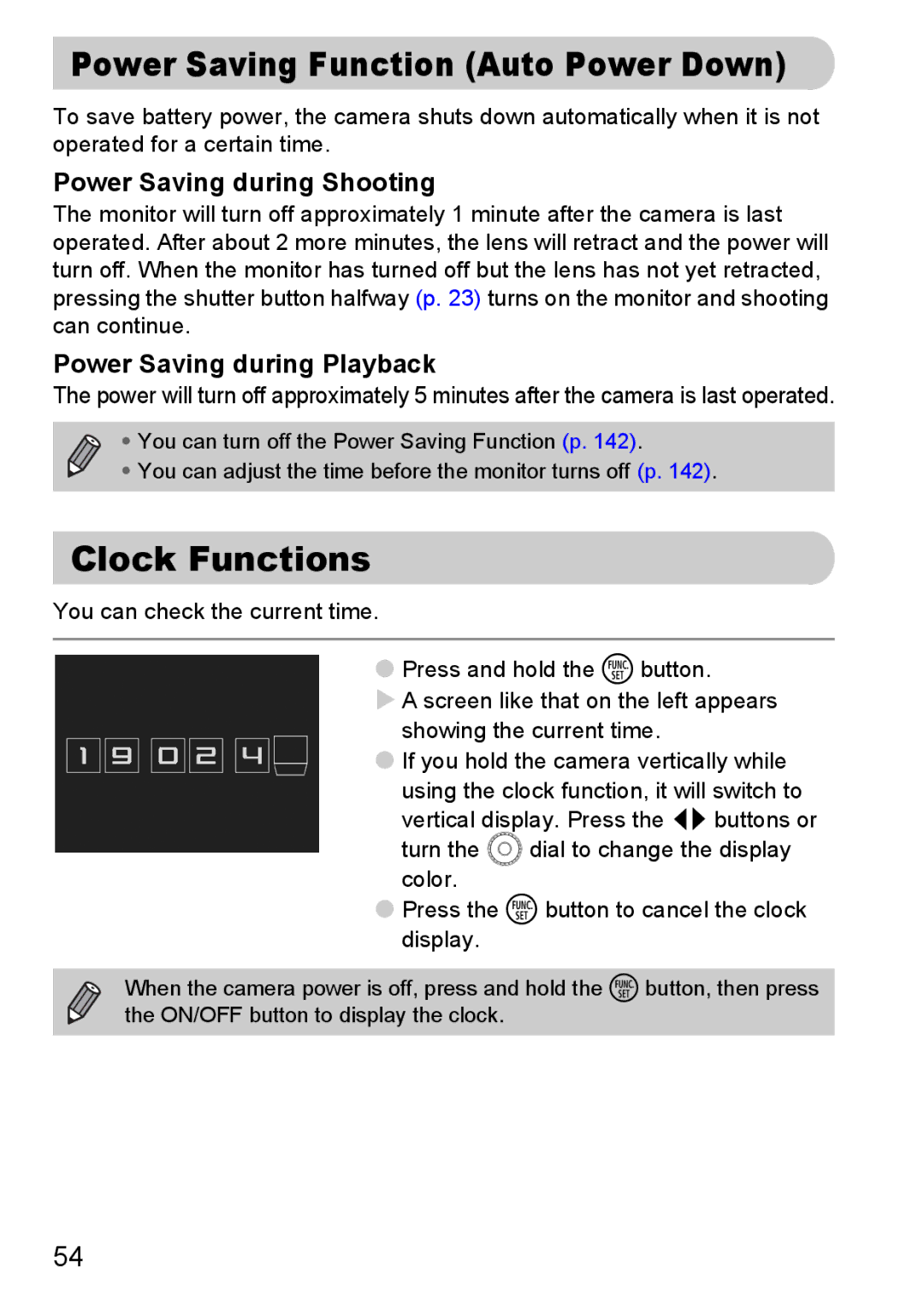 Canon SX20 IS manual Clock Functions, Power Saving during Shooting, Power Saving during Playback 