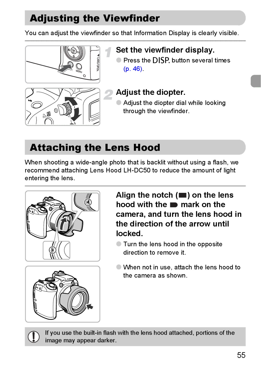 Canon SX20 IS manual Adjusting the Viewfinder, Attaching the Lens Hood, Set the viewfinder display, Adjust the diopter 