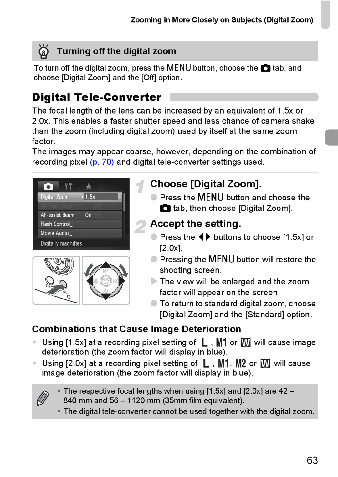 Canon SX20 IS manual Digital Tele-Converter, Choose Digital Zoom, Accept the setting, Turning off the digital zoom 