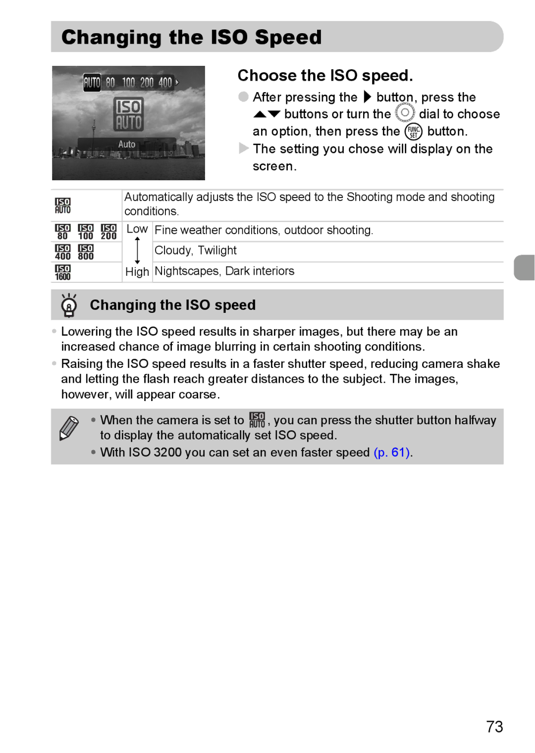 Canon SX20 IS manual Changing the ISO Speed, Choose the ISO speed, Changing the ISO speed 